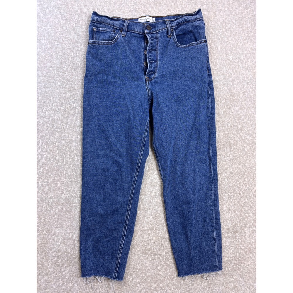 Abercrombie & Fitch The Mom High Rise Jeans Blue Button Fly Raw Hem Size 30 10R